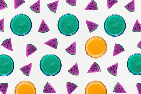 Flat lay of watermelon slices and vibrant smoothies.の素材