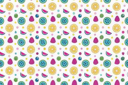 Seamless summer fruit pattern with watermelon, orange, raspberry, and lime slices.の素材