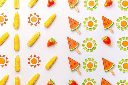 Summer food pattern with corn, strawberries, watermelon, and sun designs on white background.の素材