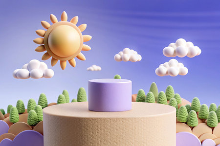 Pastel sun, clouds, and hills with a purple pedestal.の素材