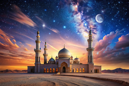 Mosque at Sunrise in Desert with Starry Night Skyの素材