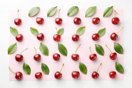 Flat lay of ripe cherries and green leaves arranged on pink paper.の素材