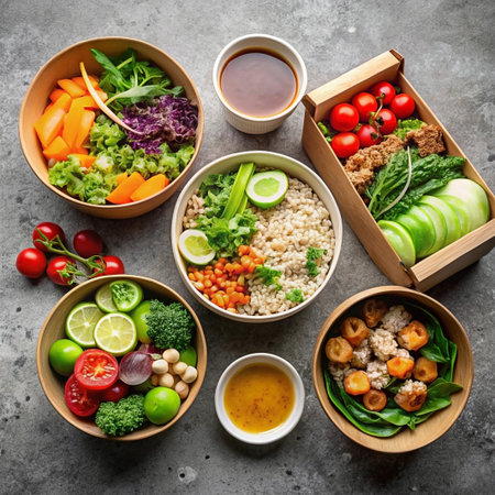 Healthy meal prep bowls with various vegetables, fruits, grains, and protein.の素材