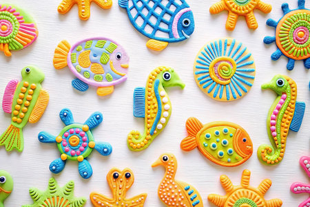 Colorful decorated sea creature cookies on white background.の素材