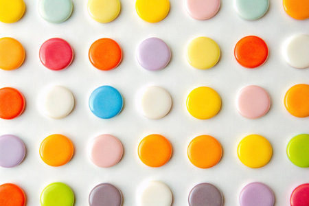 Colorful round objects arranged in a grid pattern on a white background.の素材