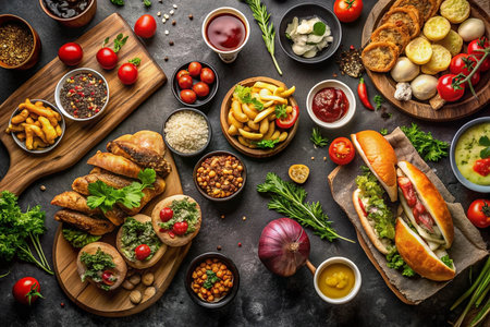Overhead shot of a variety of delicious food items, including fries, sandwiches, and various sauces, arranged on a dark surface.の素材
