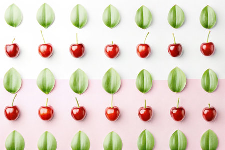 Flat lay of cherries and leaves on pink and white background.の素材