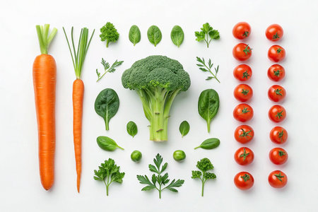 Flat lay of fresh vegetables carrots, broccoli, cherry tomatoes, spinach, and parsley on white background.の素材