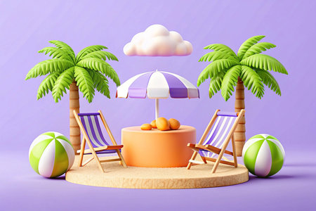 Idyllic beach scene with palm trees, lounge chairs, umbrella, and beach balls on a miniature island.の素材
