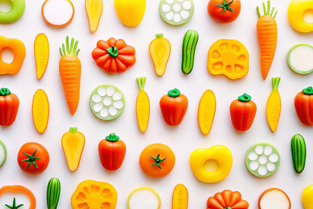 Colorful candy vegetable pattern on white background.の素材