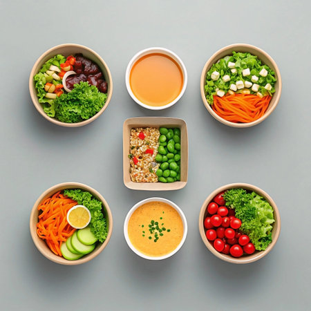 Six bowls of healthy food arranged in a grid pattern.の素材
