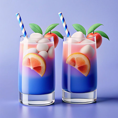 Two glasses of layered pink and blue beverage with grapefruit slices, marshmallows, and paper straws.の素材
