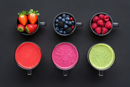 Top view of three types of berry smoothies and their ingredients in cups on a black background.の素材