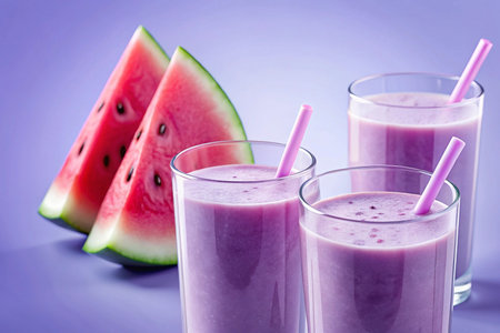 Three glasses of refreshing watermelon smoothie with watermelon slices.の素材