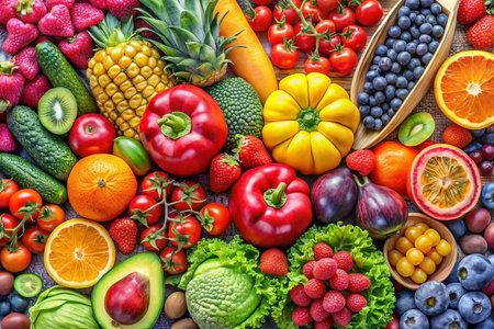 Vibrant assortment of fresh fruits and vegetables, showcasing a rainbow of colors and textures.の素材
