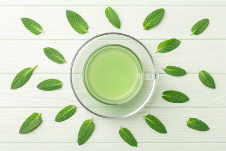 Top view of a glass cup of green tea surrounded by fresh mint leaves on a light green wooden surface.の素材