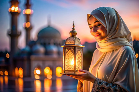 Woman holds lantern, mosque sunset, Ramadanの素材