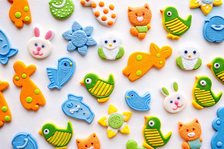 Colorful animal cookies arranged on white background for spring celebrationの素材