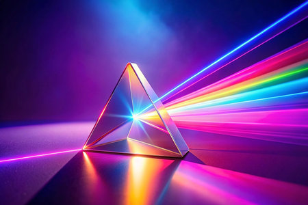 Prism refracting light, rainbow spectrum, dark studio, vibrant background, science educationの素材