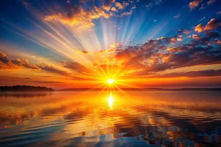 Vibrant sunrise over calm lake, reflecting sun, misty shore, peaceful nature sceneの素材