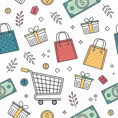 Shopping cart, gifts, money, seamless pattern, retailの素材