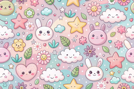 Cute bunny, flower, star pastel seamless pattern background for kids' fabricの素材