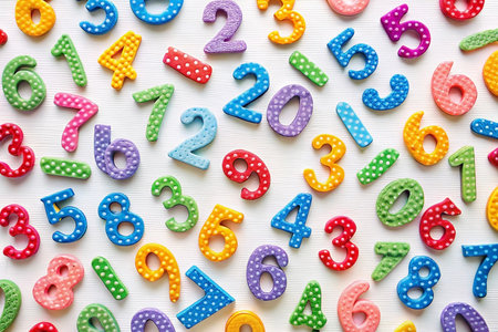 Colorful polka-dot numbers scattered on white background, education, mathの素材