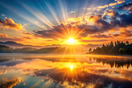 Majestic sunrise over misty mountain lakeの素材