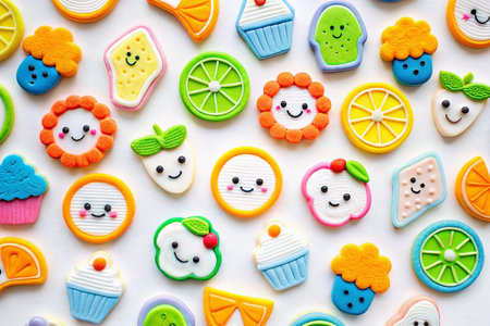 Colorful fruit and cupcake cookies on white background; food photography for recipe blogsの素材