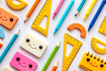 Colorful stationery flatlay; pencils, rulers, protractors on white. Back to school supplies, education conceptの素材
