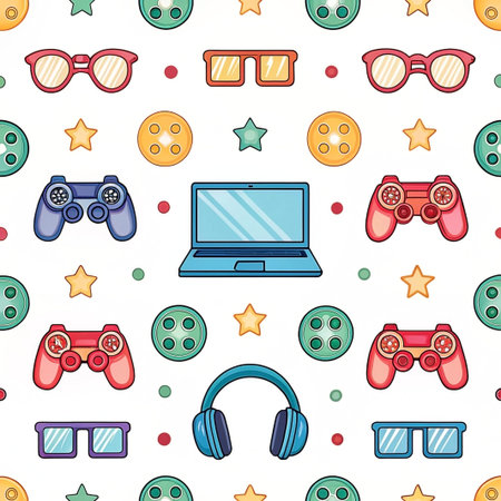 Colorful gaming seamless pattern laptop, glasses, controllers, headphonesの素材