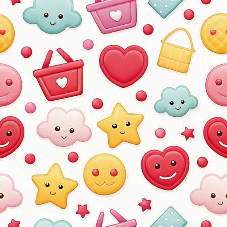 Cute cartoon cookie pattern; white background; shopping, hearts; website designの素材