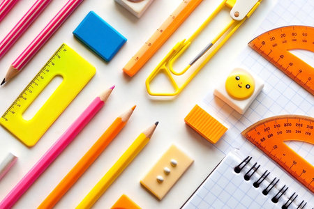 Colorful stationery supplies arranged on white background; education conceptの素材