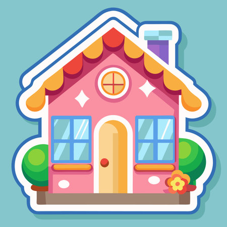 Cute pink house with yellow accents, chimney, and round window on a blue backgroundのイラスト素材