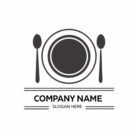 Minimalist plate icon with spoons on either side. Frame with company details belowのイラスト素材