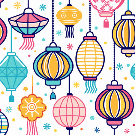 Lanterns in blue, yellow and pink with a festive and celebration pattern designのイラスト素材
