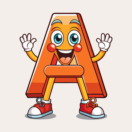 Cheerful orange letter &quot;A&quot; character waving with shoes, hands, eyes, and smileのイラスト素材