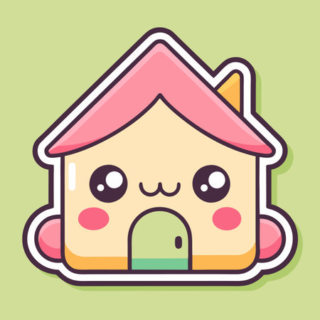 Cute house illustration with big eyes, pink roof, door, and chimney, on green backgroundのイラスト素材