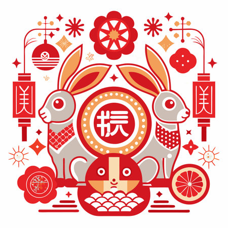 Rabbits, lanterns, and flowers in a decorative designのイラスト素材