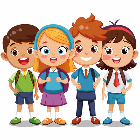 Diverse students smiling, wearing school uniforms, and carrying backpacksのイラスト素材