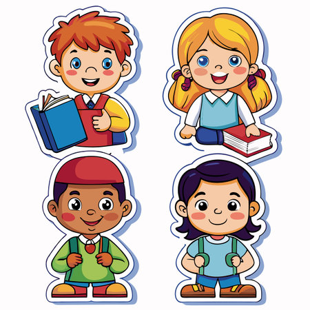 Cartoon kids studying, diverse students smiling with school booksのイラスト素材