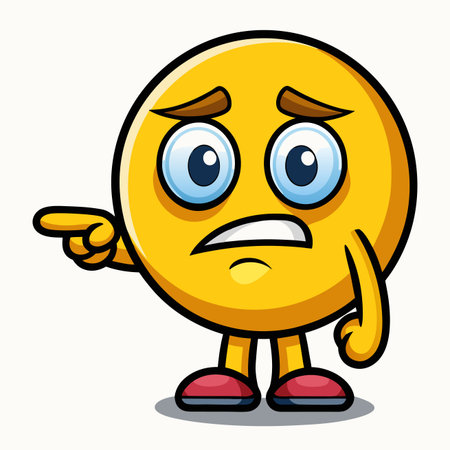 Concerned yellow emoticon character with furrowed brows pointing left with its finger, a worried expressionのイラスト素材
