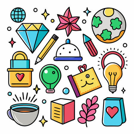 Colorful graphic elements diamond, earth, cup, star, bulb, pencil, lock and other iconsのイラスト素材