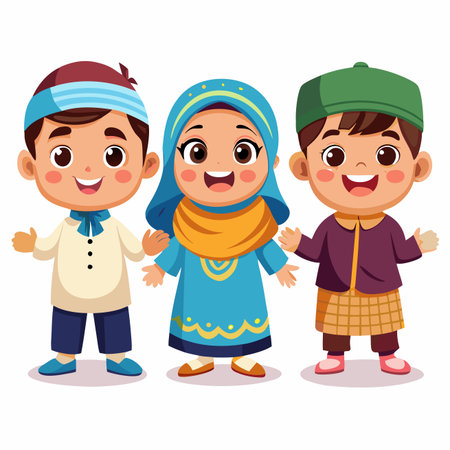 Cartoon children smiling in traditional attire, celebrating cultureのイラスト素材