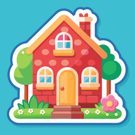 Cute red brick house icon with yellow trim and white windows. Trees and flowers surround itのイラスト素材