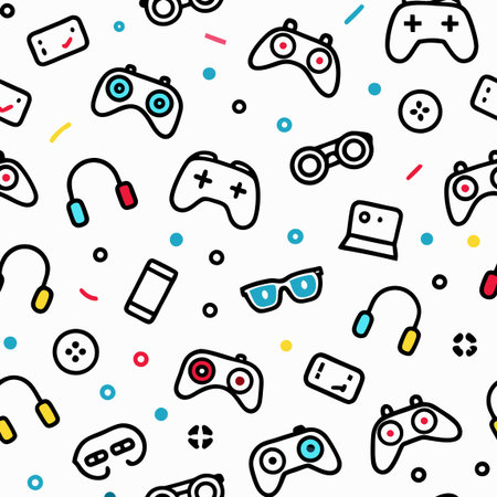 Gaming pattern with controllers, gadgets, headphones, glasses on white. Bright dots sprinkle the...