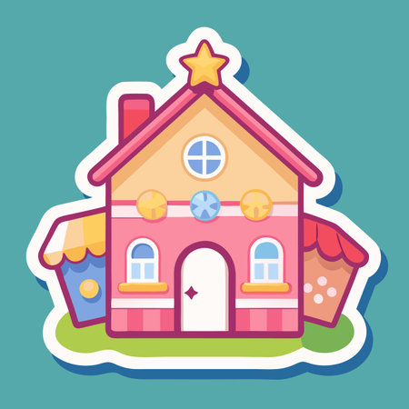 Cute pink house with a star and two shop fronts. Cartoon styleのイラスト素材