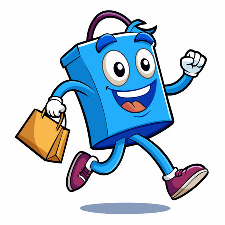 Happy blue box character runs, holding shopping bag. Cheerful, cartoon-style illustrationのイラスト素材