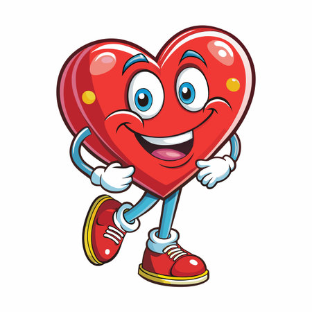 Red heart character smiling, with arms, legs, and shoes, happy and full of loveのイラスト素材