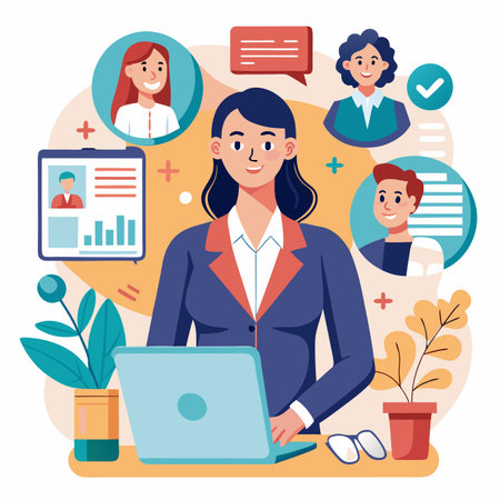 Woman in suit using laptop, surrounded by colleagues' portraits and chartsのイラスト素材